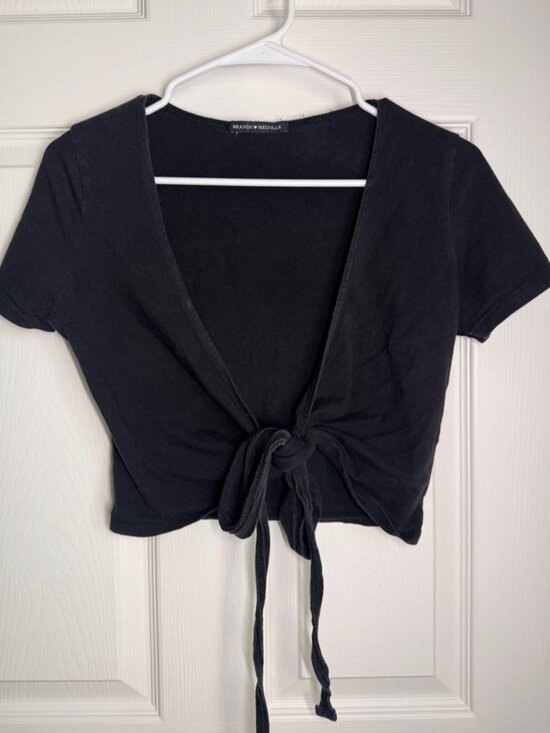 Tops - lack Front Tie Short Sleeve Crop Top